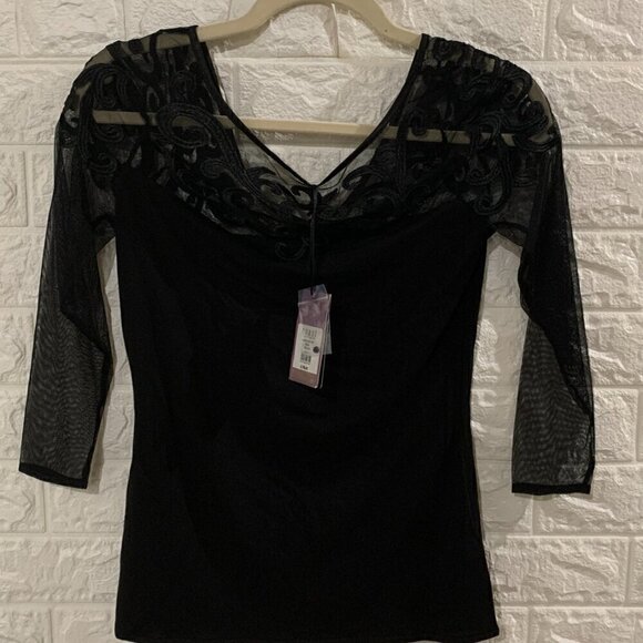 BRAND NEW WITH TAG | CASUAL | SEMI FORMAL LACE MESH TOP | EMBROIDERED | BLACK | - Picture 1 of 5